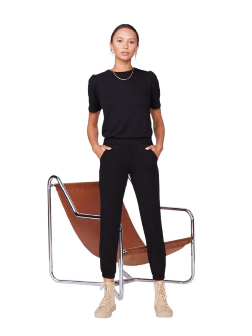 NWT Monrow Supersoft Jumpsuit Womens Small Black Short Puff Sleeve Crew Neck NEW